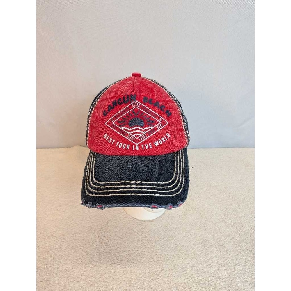 Pier 27 Cancun Beach Baseball Cap Red Denim Distressed trucker hat